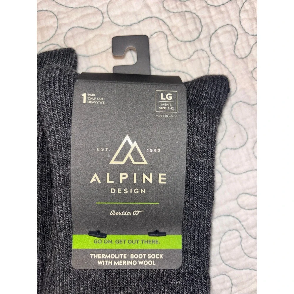 Alpine Design 2 Pairs Men Large Charcoal Gray Merino Wool Thermolite Boot Socks